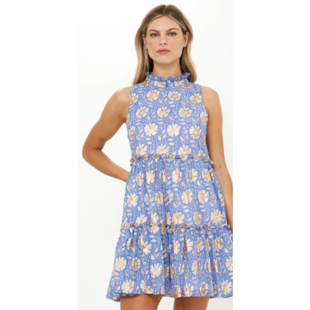 Oliphant Blue Floral Tiered Mini Dress Sleeveless Ruffle Neck Size M